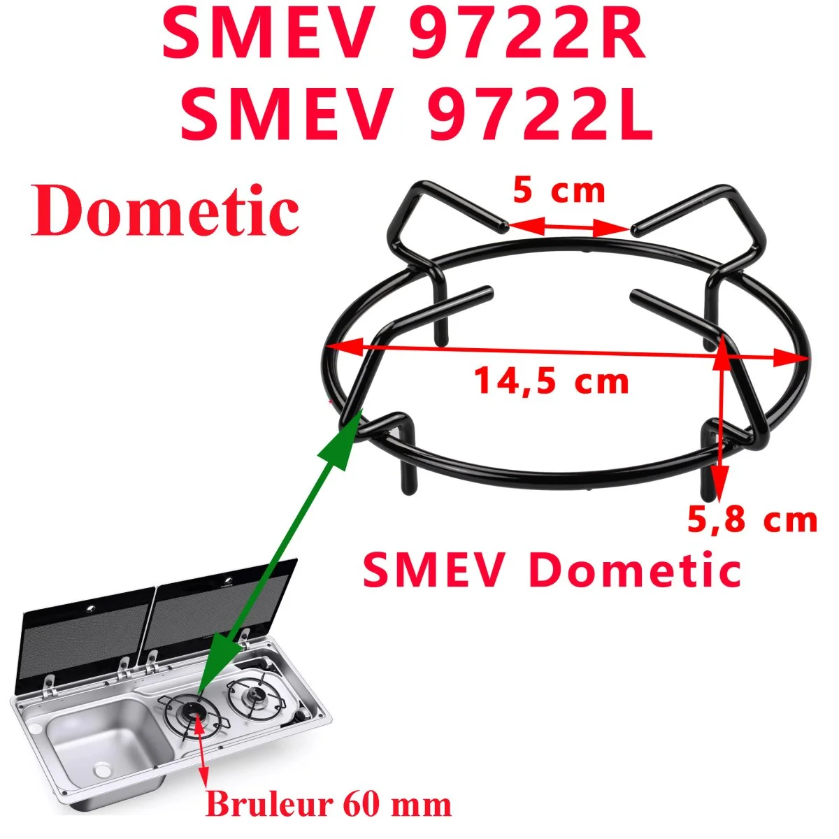 Dometic, grille du grand bruleur 60 mm gauche pour les combis évier et gazinière deux feux MO9722, SMEV 9722 - Accessoires Outdoor pour PI8522 Plus de Liberté de Mouvement