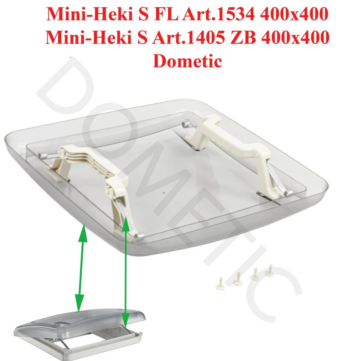 Dometic, dôme du lanterneau Mini-Heki S FL Art.1534 400×400 ou Mini-Heki S Art.1405 ZB 400×400 en plexiglass ou acrylique avec poignées intégrées et kit de montage - Accessoires Outdoor pour Plus de Liberté de Mouvement Dôme acrylique pour lanterneau ou Couvercle en plexiglass