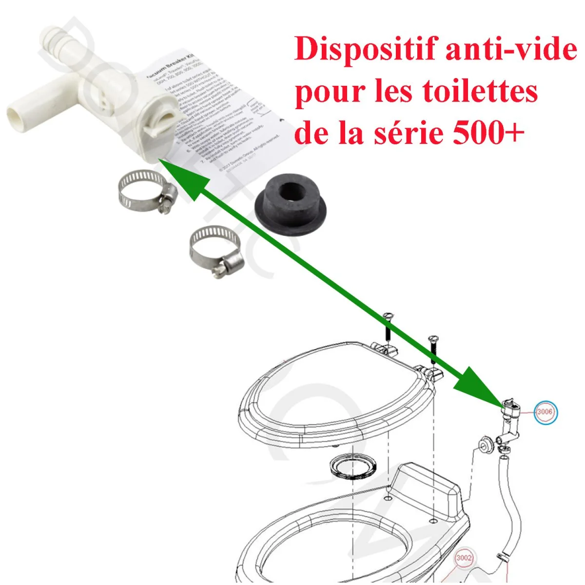 Dometic, dispositif anti-vide pour les toilettes des série suivantes: 146-TL, 300-SS ,310 RET, 320-WS , 4310-GT, 510+, 511PS, 558+, D510+PS, ECOVAC, HTRAVELER, HVACUFLUSH, MF7220, SC110, SC506, SD510, SD511, SO16, SO5, SO6, SO7, SO8, ST910, ST911, TOILET, GV510H WHT ECOVAC PDL, TRAVELER,