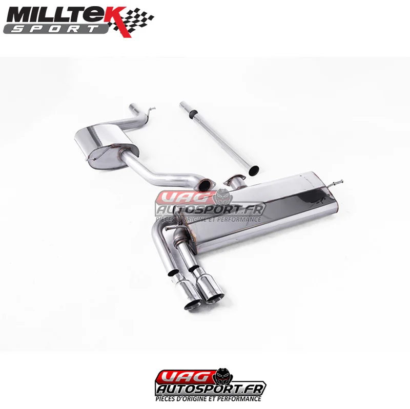 Demi-ligne (CatBack) / FAP – Sans 245hp silencieux primaire – Avec silencieux intermèdiaire – Avec silencieux arrière – Look GTD – Nécessite valance Golf MK7.5 GTD – Homologué VW Golf Mk7.5 1.5 TSI Evo GT & R-Line – SSXVW516 – Milltek -