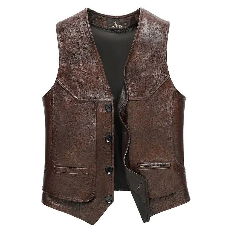 Gilet biker cuir marron vintage ​Drones Professionnels Grand Public Boutique Française