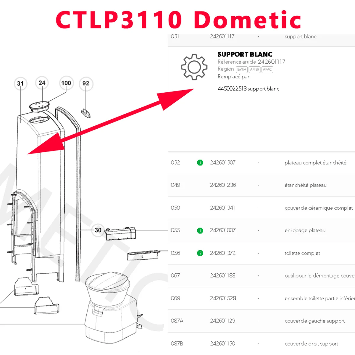 Dometic partie de toilette CTLP 4050, CTLP 4050, CTLP 4110, CTLP 4110, CTLP3050, CTLP3110, CTLP4110 - Accessoires Outdoor pour Plus de Liberté de Mouvement Toilette cassette CTS4110 | Solandata