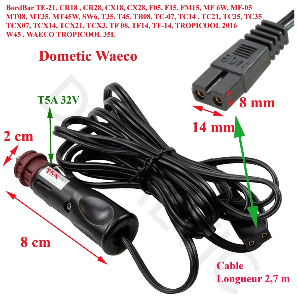 Dometic, cordon alimentation avec prise allume-cigare pour glacière thermoélectrique pour Waeco, Dometic ou Mobicool - Accessoires Outdoor pour Plus de Liberté de Mouvement Câble allume-cigare 12V pour glacière 1.8m avec interrupteur